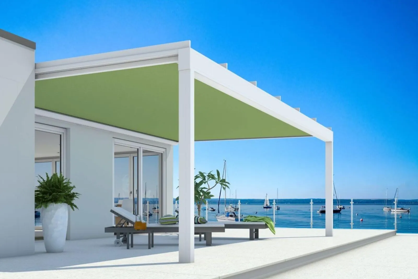 Puristisches Terrassendach mit Unterdachmarkise am Meer